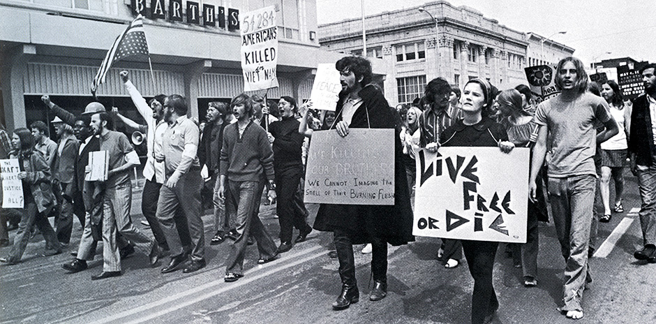Approximately 500 students and community members gathered Spring 1970 at Mizzou to protest Kent State and Jackson State killings and during anti-war demonstrations