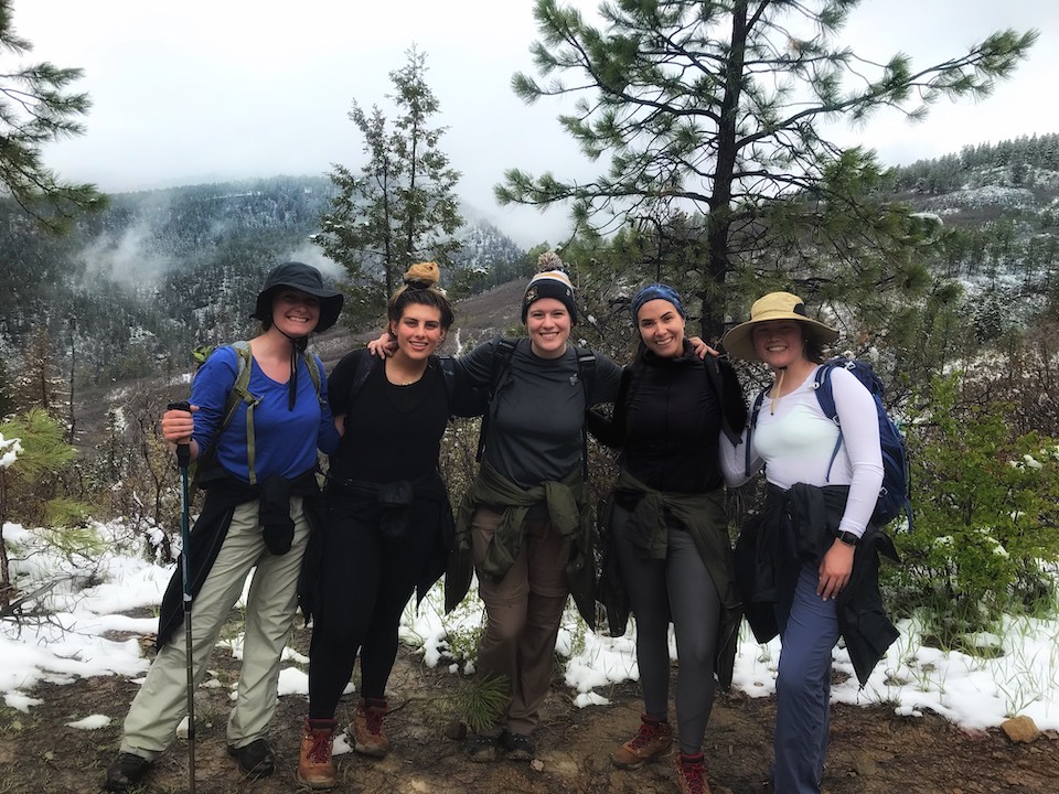 Hiking through waves of snow showers in the Ponderosa Pine/Mixed-Conifer zone in the San Juan Mountains along Junction Creek outside Durango,Colorado. L-R: Cyd Smith, Fran Hart, Sydney Bailey, Taylor Fox, Kadie Clark.