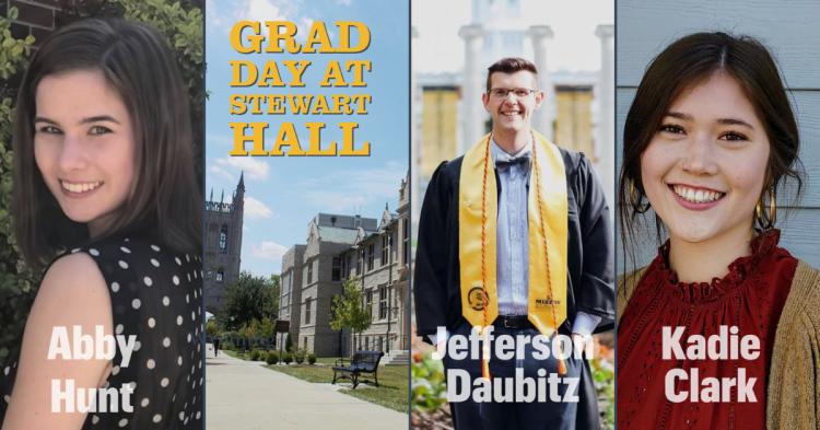 Picture of three graduates and Stewart Hall