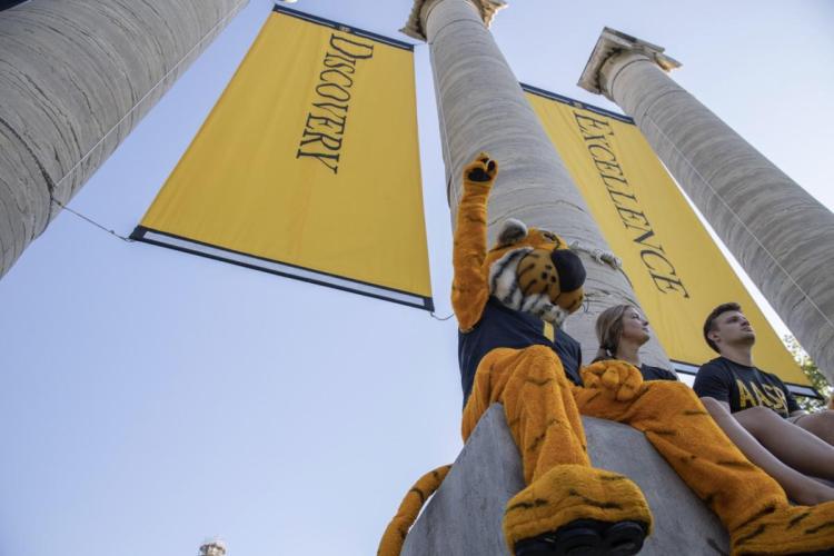 A photo of Truman the tiger sitting with students on the columns near Jesse Hall