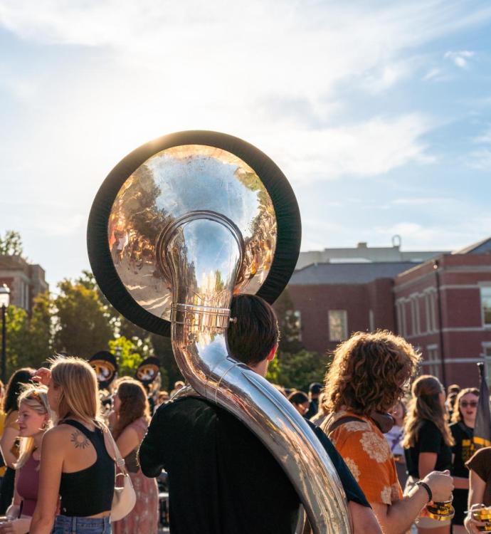 A tuba player stands amid a lively outdoor gathering, sunlight reflecting off the shiny instrument. People around chat and enjoy the festive atmosphere.
