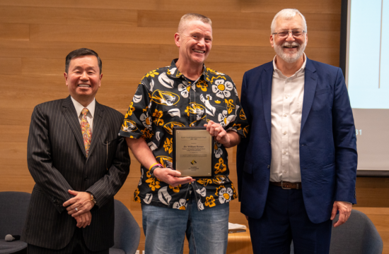 University of Missouri President Mun Choi, Curators' Distinguished Professor Bill Horner and Mizzou Faculty Council Chair Tom Warhover.