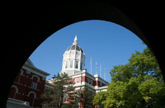 Jesse Hall viewed from the entrance to Swallow Hall